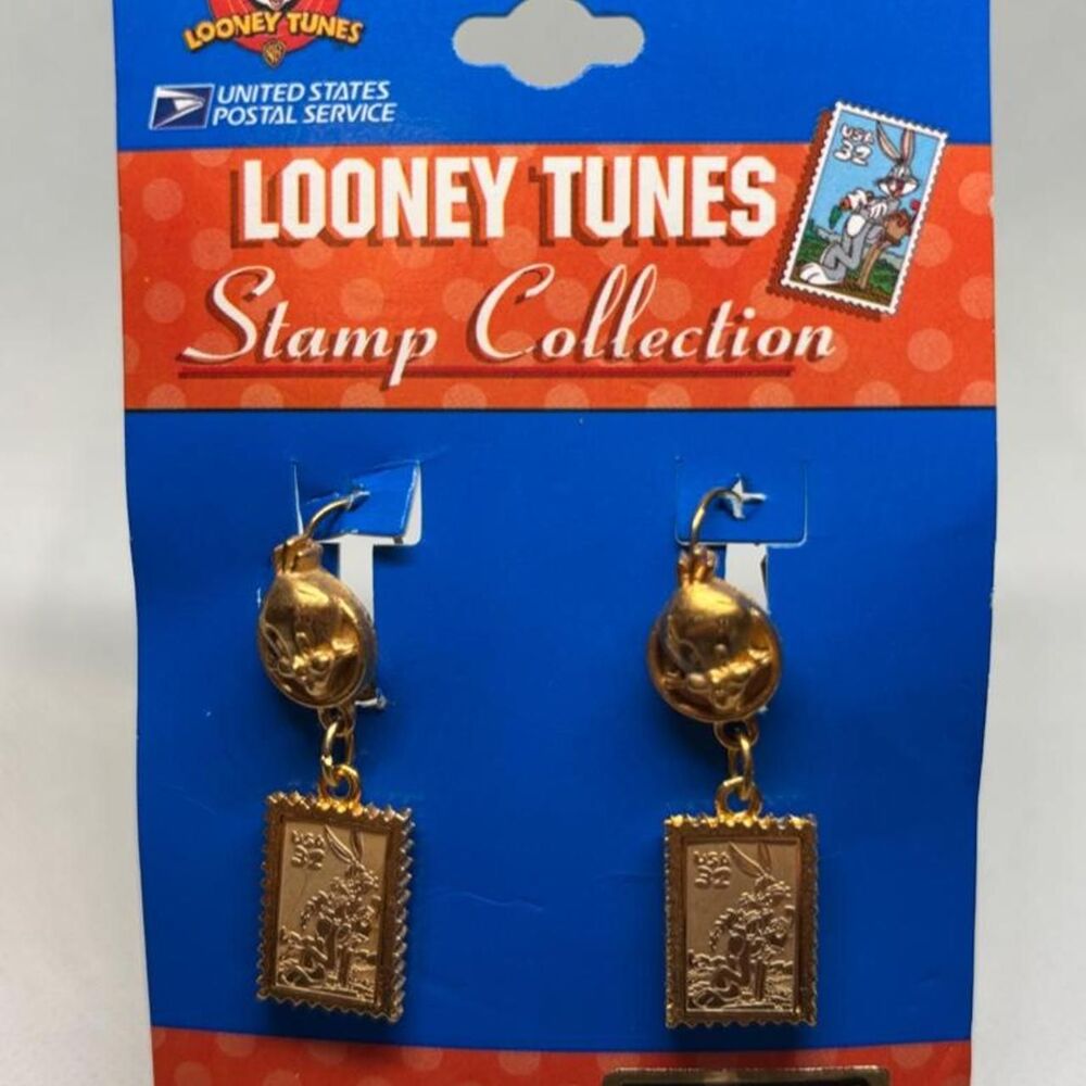 Vintage 1997 USPS Looney Tunes Bugs Bunny Stamp Earrings Gold Tone NOS